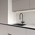Modern Kitchen Interior Design With Gray Cabinets White Marble Countertop And Microwave