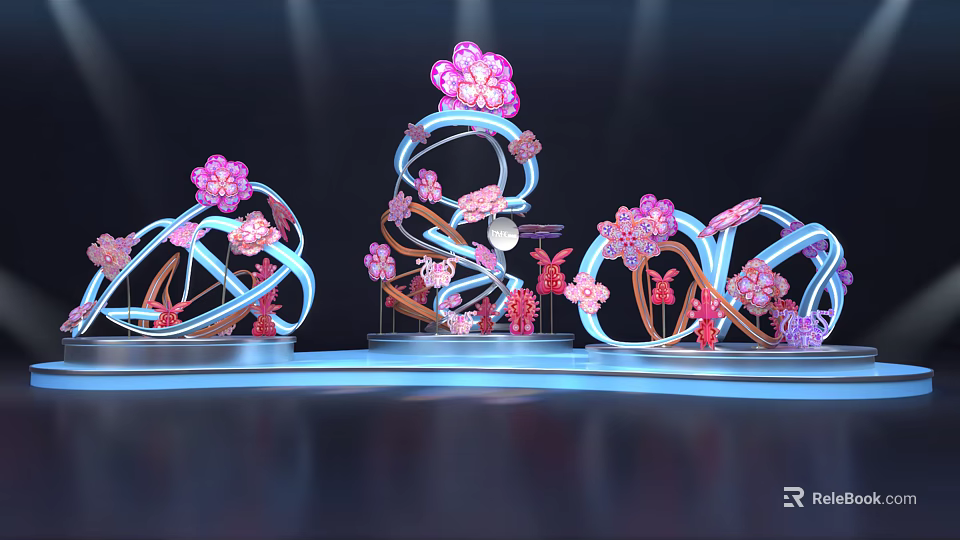 Decorative Art Installations With Pink Flowers Butterflies And Blue Curved Structures On Lit Platform 3d model 
