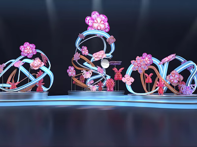 Decorative Art Installations With Pink Flowers Butterflies And Blue Curved Structures On Lit Platform 3d model