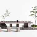 Modern Minimalist Tea Table Set With Stools Green Plants And Stone Decor 3d model