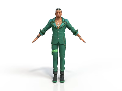 Man In Green Suit With Decorations Standing With Arms Outstretched On White Background 3d model