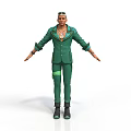 Man In Green Suit With Decorations Standing With Arms Outstretched On White Background