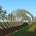 Garden Landscape Design With Spiral Arch Structure Wooden Glass Strips Green Plants And Brick Path