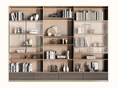 Modern Wooden Open Bookcase With Multi Tiered Shelves Books Decorative Items And Photo Frames 3d model