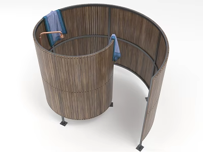 Circular Arched Wooden Screen With Blue Towel And Metal Stands Texture Design 3d model
