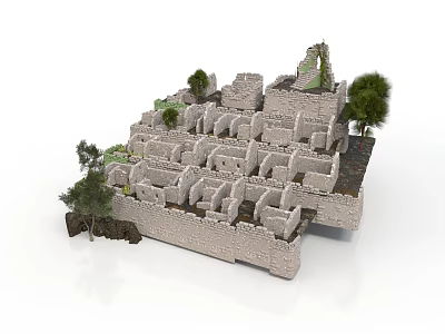 Detailed Ancient Ruins 3D Model With Stone Walls Room Layout And Trees 3d model