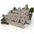 Detailed Ancient Ruins 3D Model With Stone Walls Room Layout And Trees