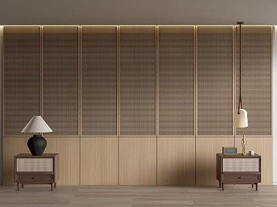 Minimalist Modern Bed Background Wall With Wooden Panels And Nightstands 3d model