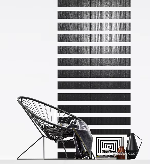 Modern Rattan Leisure Chair in Indoor Setting with Striped Backdrop 3d model 