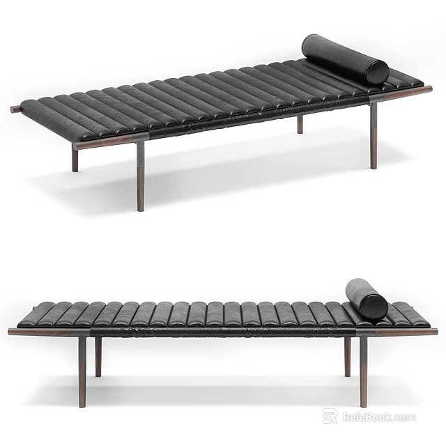 Modern Black Ribbed Leather Sofa Bench With Metal Legs And Rolled Pillow 3d model 