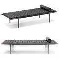 Modern Black Ribbed Leather Sofa Bench With Metal Legs And Rolled Pillow
