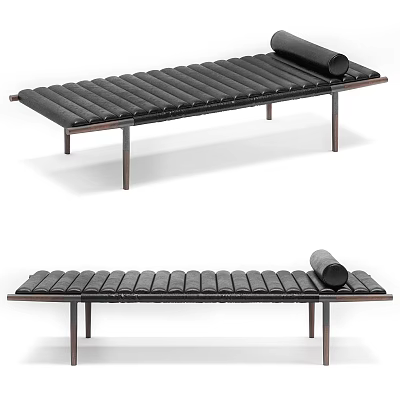 Modern Black Ribbed Leather Sofa Bench With Metal Legs And Rolled Pillow 3d model