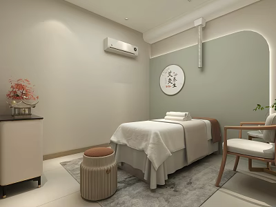 Relaxing SPA Sauna Room Interior Design With Massage Bed And Decorative Vase 3d model