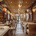 Traditional Chinese Restaurant Interior With Hanging Lanterns Wooden Decor And Green Plants