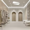 Modern Beige Clothing Store Interior With Mannequin Dress Display Table Wooden Shelving And Hanging Lamp