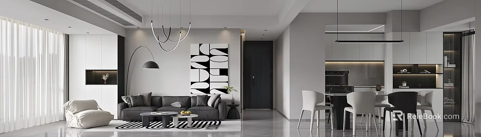 Modern Living Dining Room Design With Gray Sofa Black Coffee Table Chandelier And White Chairs 3d model 