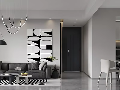Modern Living Dining Room Design With Gray Sofa Black Coffee Table Chandelier And White Chairs 3d model