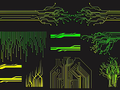 Circuit Board Lines In Various Styles With Yellow And Green On Black Background 3d model