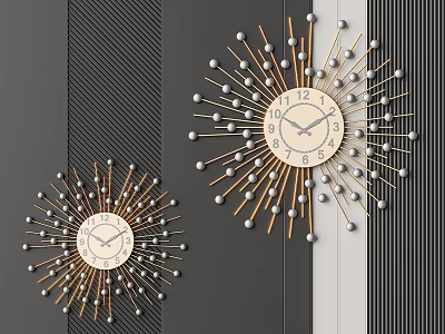 Modern Radiating Design Clocks With Metal Frame And Spherical Accents On Gray Striped Wall 3d model