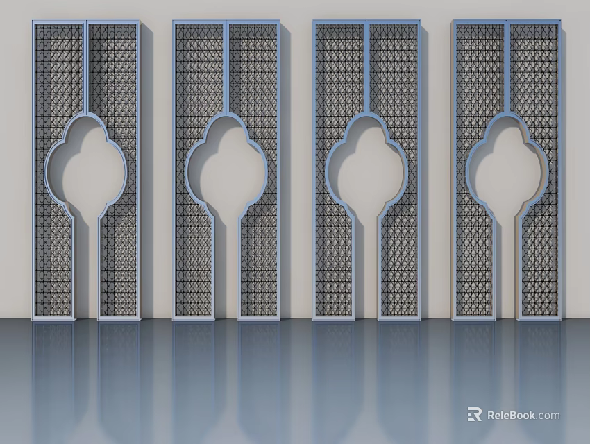 Modern Decorative Swing Doors With Intricate Lattice Patterns And Blue Frames 3d model