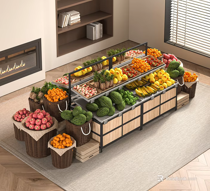 Fresh Fruit Vegetable Display Shelves with Wooden Metal Structure and Baskets of Apples Oranges Bananas 3d model 