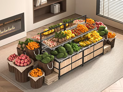 Fresh Fruit Vegetable Display Shelves with Wooden Metal Structure and Baskets of Apples Oranges Bananas 3d model