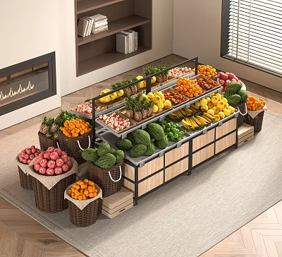 Fresh Fruit Vegetable Display Shelves with Wooden Metal Structure and Baskets of Apples Oranges Bananas 3d model
