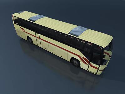 Modern Cream Colored Coach Bus With Red Stripes Blue Roof And Black Windows 3d model