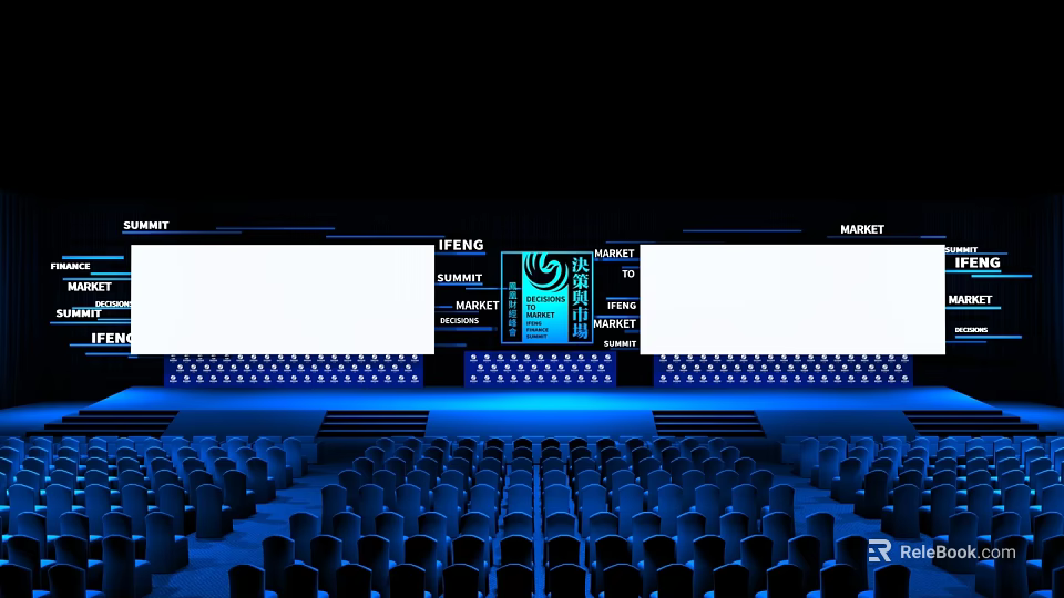 Contemporary Summit Hall With Multiple Screens And Blue Lit Seating Arrangement 3d model 