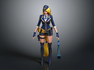 Female Character Wearing Navy Blue Yellow Uniform With Blonde Hair And Hammer Weapon 3d model