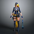 Female Character Wearing Navy Blue Yellow Uniform With Blonde Hair And Hammer Weapon