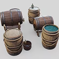 Wooden Barrels Collection Featuring Various Sizes Rope Bindings Green Interior And Stands