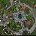 Lush Garden Landscape With Central Decorative Fountain Colorful Flower Beds And Illuminated Pathways