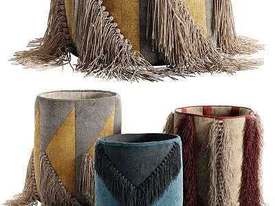 Colorful Fabric Storage Baskets With Fringe Trim And Various Geometric Patterns 3d model