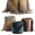 Colorful Fabric Storage Baskets With Fringe Trim And Various Geometric Patterns