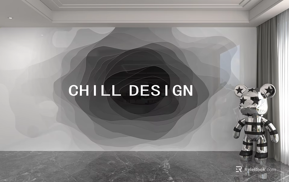Abstract Gray Layered Background Wall With Chill Design And Robot Ornament 3d model 