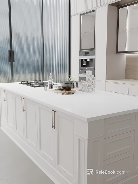 Modern Open Kitchen Featuring White Island Countertop Gas Stove And Cabinets 3d model 