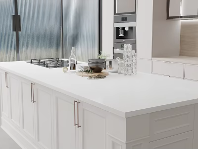 Modern Open Kitchen Featuring White Island Countertop Gas Stove And Cabinets 3d model