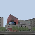 Modern Commercial Complex With Red Architectural Design IMAX Cinema And Retail Stores