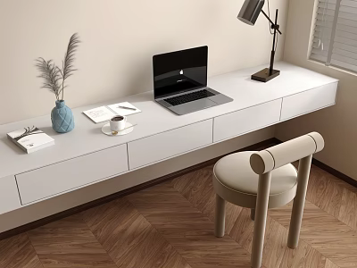 White Desk and Chair Set with Laptop Lamp Vase Books Coffee Cup on Wooden Floor 3d model