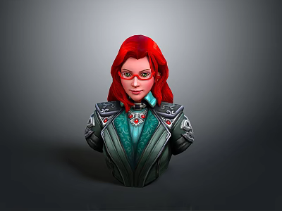 3D Female Character Bust With Red Hair Green Glasses And Ornate Armor Details 3d model