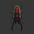 Vibrant Red And Black Beetle With Large Curved Horns On Dark Background