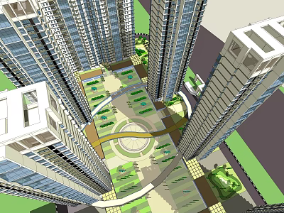 Aerial View Of High Rise Residential Complex With Green Spaces And Circular Plaza 3d model