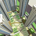 Aerial View Of High Rise Residential Complex With Green Spaces And Circular Plaza