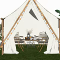 Café With White Tent String Lights Tables Chairs Green Plants And Grass Floor