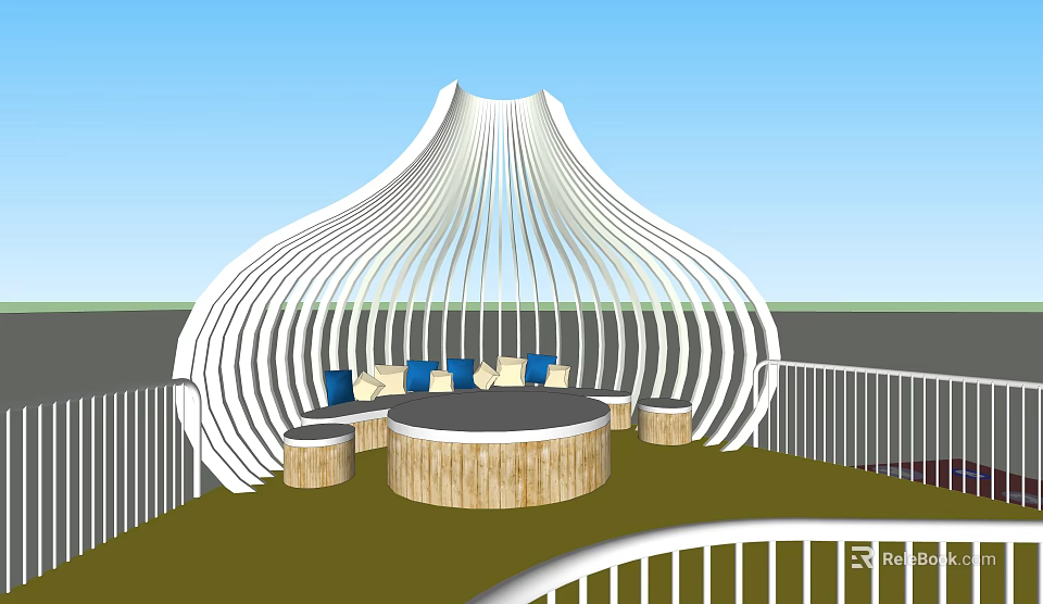 Outdoor Sofa With Blue Beige Cushions Under White Curved Structure And Round Wooden Table 3d model 
