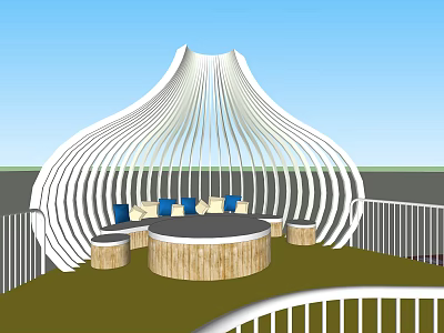 Outdoor Sofa With Blue Beige Cushions Under White Curved Structure And Round Wooden Table 3d model