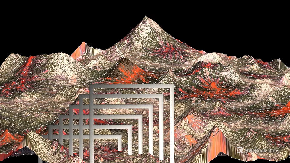 Art Installation With Mountain Like Texture And White Layered Geometric Frames Design 3d model 