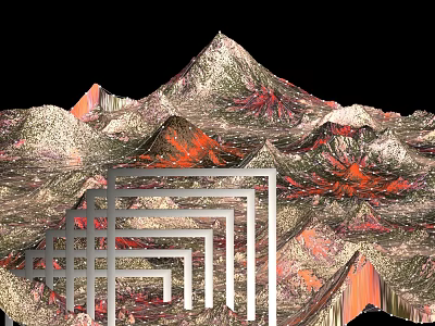 Art Installation With Mountain Like Texture And White Layered Geometric Frames Design 3d model