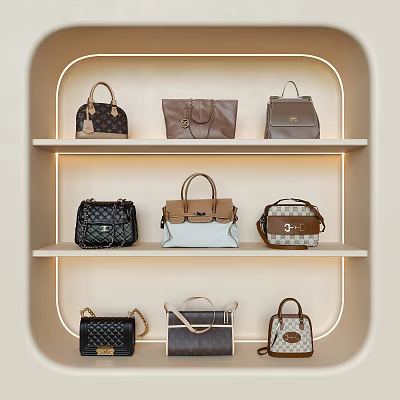 Stylish Handbags Display On Shelves With Lighting 3d model